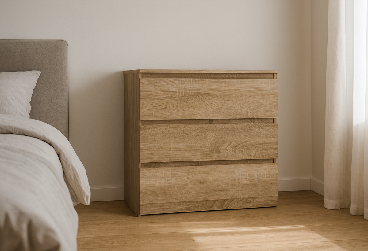 Παρουσιαζεται η συρταριέρα σε ένα υπνοδωμάτιο.